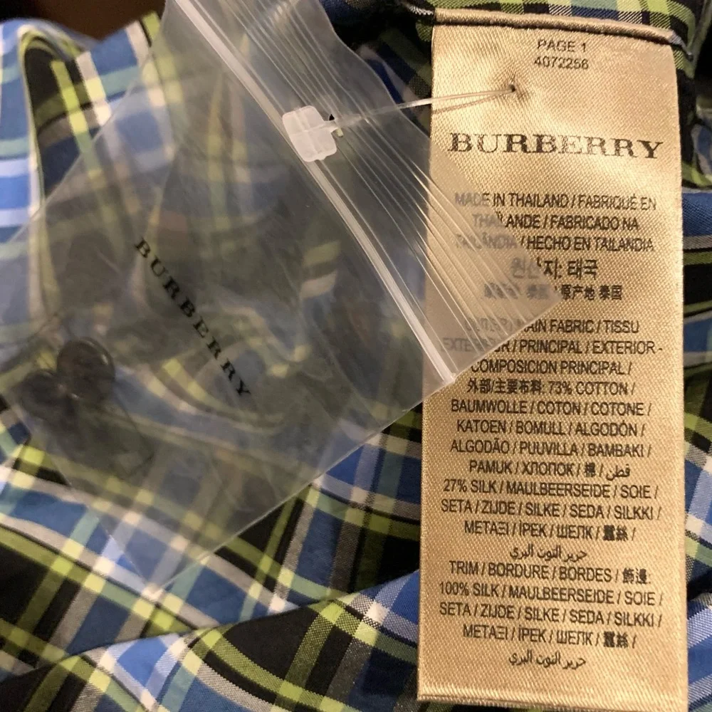 Burberry Saoirse Plaid Long Sleeve Silk Trim Button Shirt Azure Blue - Picture 14 of 16